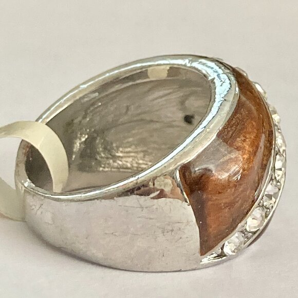 Vintage Brown Enamel Cocktail Ring Silver Plated Crystal Rhinestone Sz 7 9 Boho - Picture 4 of 8